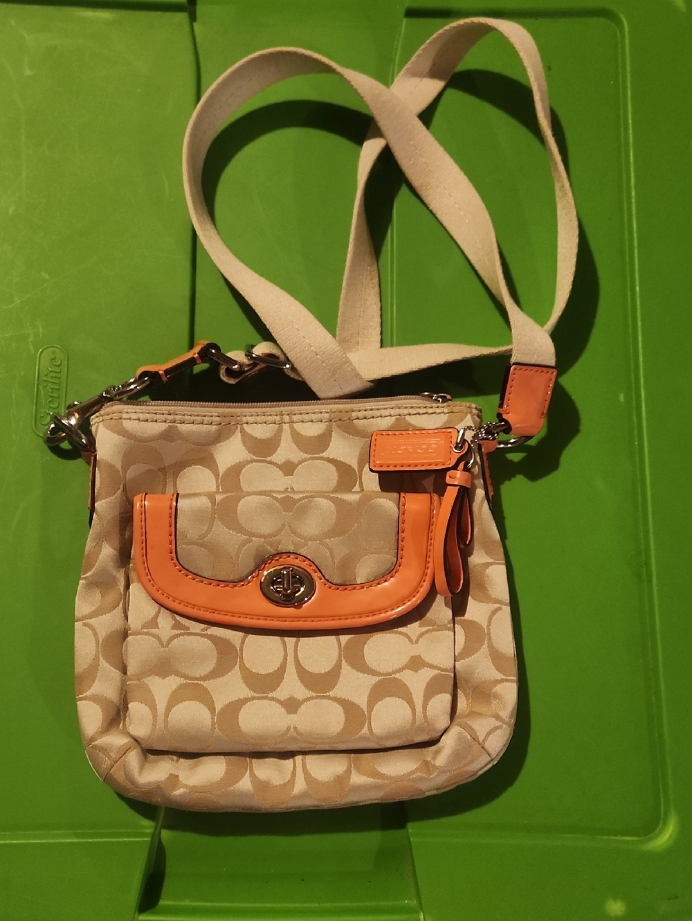 Coach Khaki Signature Canvas Crossbody with Peachy Orange Trim